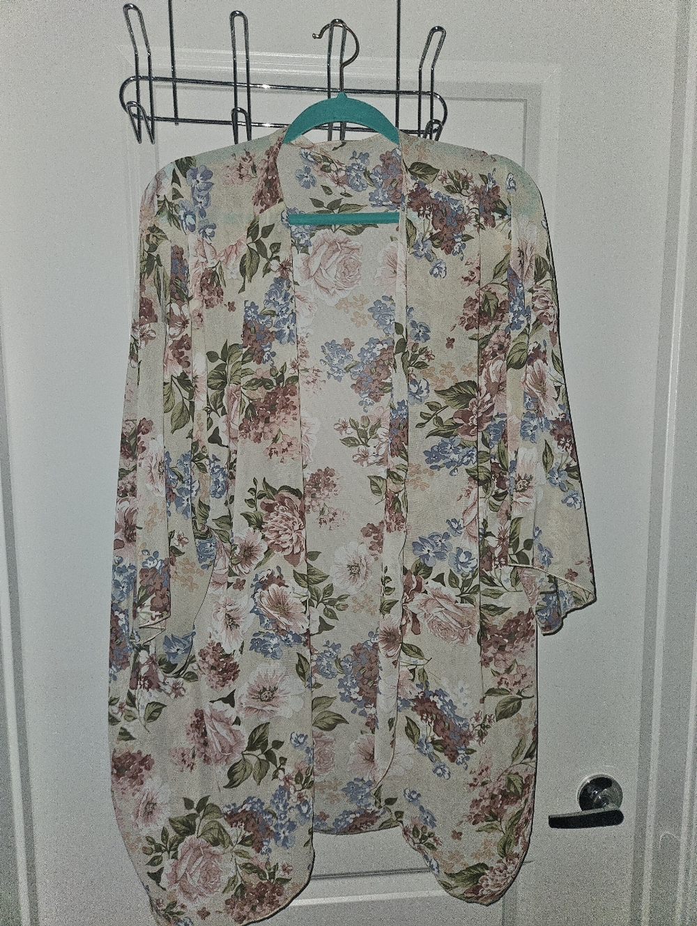 Floral Sheer Kimono Robe - Cream with Pink & Blue Flowers